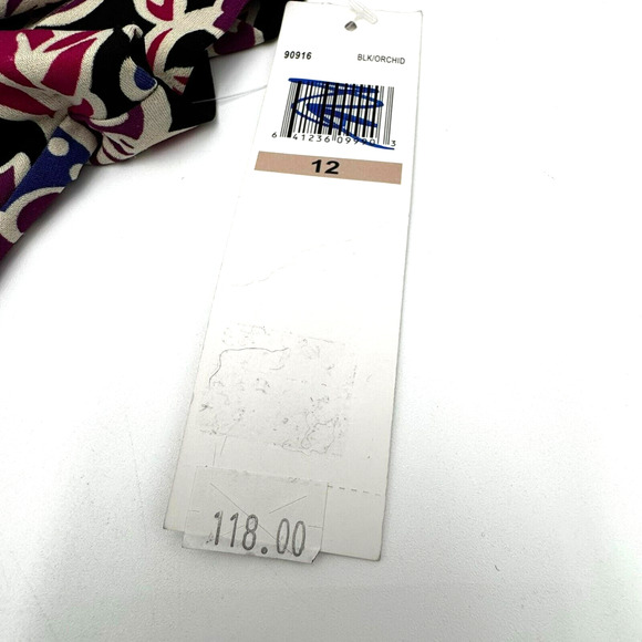 MAGGY LONDON NWT Size 12 Black Purple Floral Midi Dress Lined Pleated Flutter - Picture 7 of 9